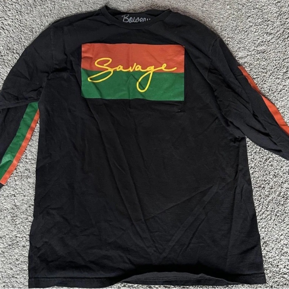Savage Black Long Sleeve Shirt with Red and Green Accents